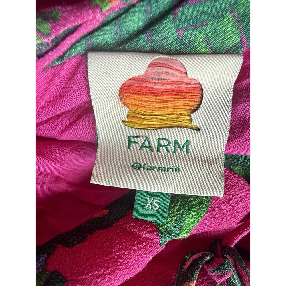 Farm Rio Leaves Pink Midi Dress XS Strappy Ruched Front Slit Tropical Print - Picture 5 of 16